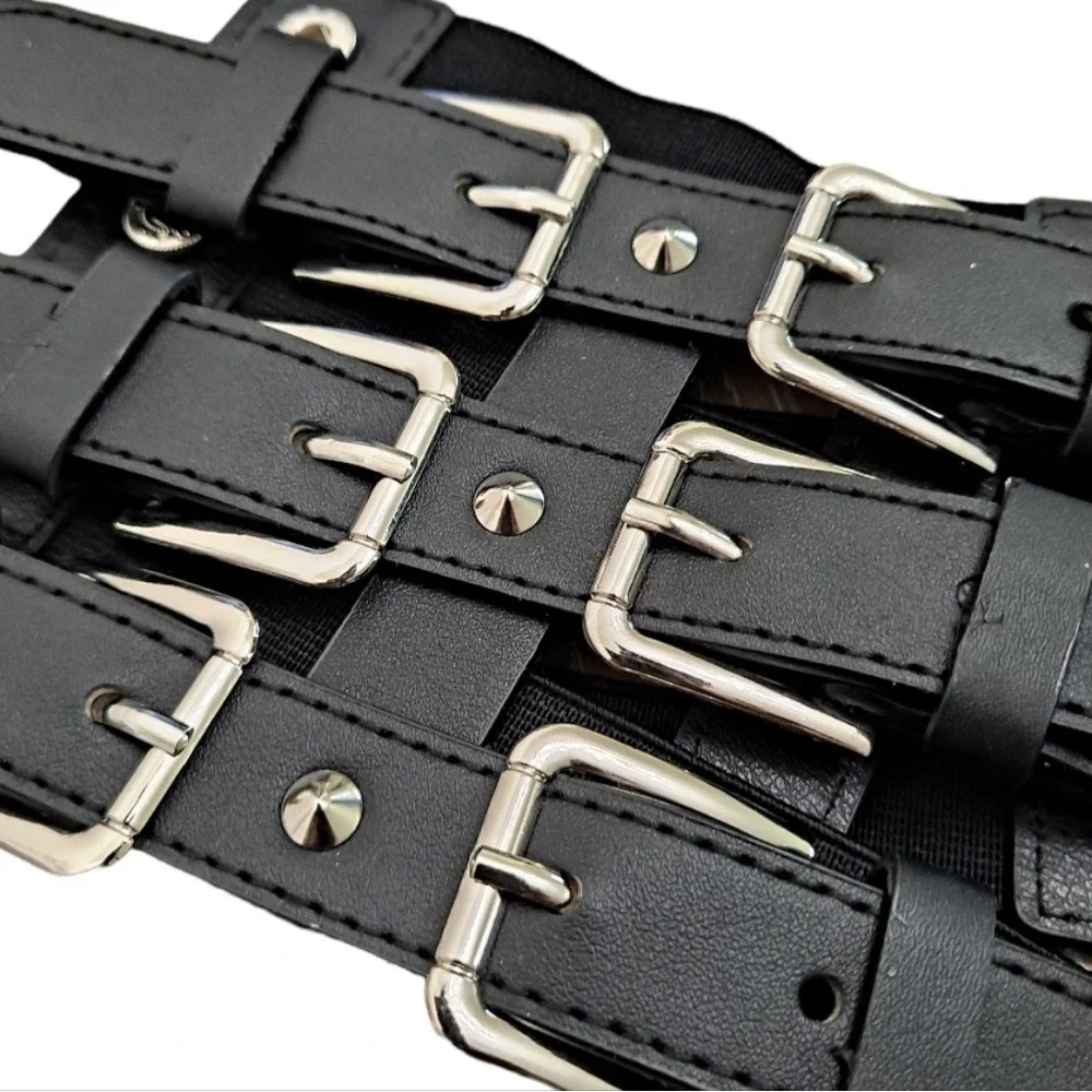 Faux leather Wide corset waist Black Belt studded Goth punk Triple buckle